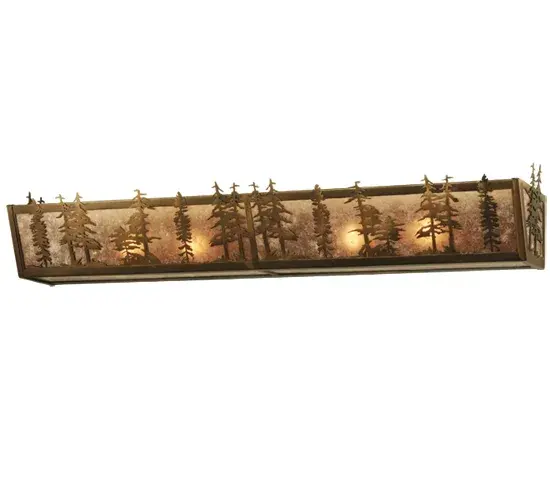 This extensive; linear vanity light features mesmerizing Pine Tree silhouettes that stand tall as the brilliant morning sun rises above the woodlands in the background. Beautiful ambient light is projected through a stunning Silver Mica lens complemented with decorative accents and hardware featured in an Antique Copper finish. Ideal as a vanity light for a fine bath or as a wall sconce in nearly any space. The Tall Pines Vanity Light is offered in our American-made; American-designed; handcrafted Nature Inspired Lighting Collection. Manufactured in Yorkville; New York. UL and cUL listed for dry and damp locations. - alternate view