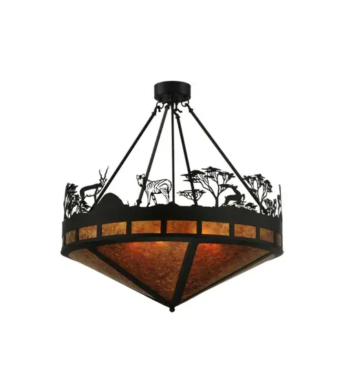 This Serengeti ceiling pendant is designed with striking metal silhouettes featuring three beloved animals from the wild kingdom. A Zebra; Antelope and Black Buck are all highlighted on a stunning Amber Mica diffuser which is complemented with a Textured Black finish. The 29-inch wide fixture makes the perfect illuminating centerpiece for a variety of residential and hospitality spaces. Serengeti is handcrafted by our artisans in the USA and available in custom sizes; styles; finishes; along with dimmable energy efficient lamping options such as LED. UL and cUL listed for dry and damp locations. - alternate view
