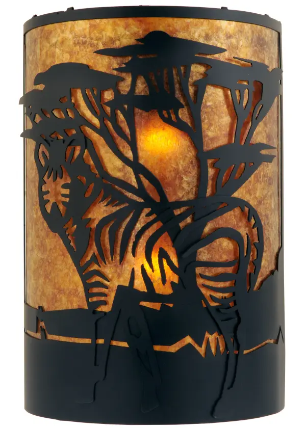 A Zebra with its unique stripes posing on the savanna makes for a dazzling silhouette in this curvaceous wall sconce. A Textured Black finish depicts the dramatic wildlife motif with a glowing Amber Mica background. This left sided wall sconce pairs nicely with Model 130872; a right sided sconce. The Zebra Wall Sconce is Domestically Produced in the USA in our 180;000 sq ft manufacturing facility at our Yorkville; NY manufacturing facility. Customize shade colors; metal finishes and fixture sizes. UL and cUL listed for dry and damp locations.