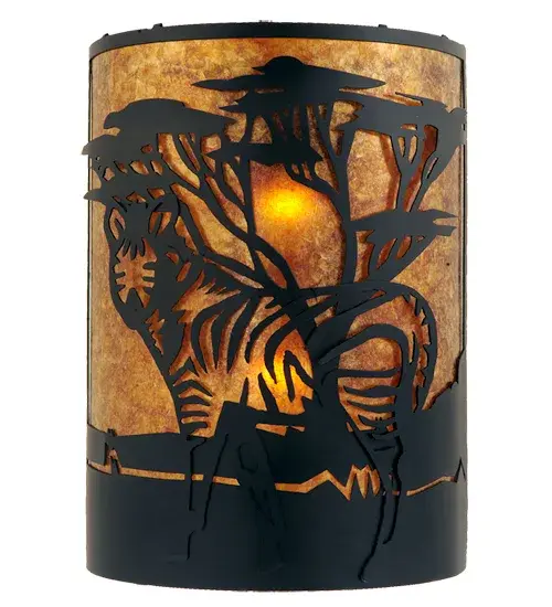 A Zebra with its unique stripes posing on the savanna makes for a dazzling silhouette in this curvaceous wall sconce. A Textured Black finish depicts the dramatic wildlife motif with a glowing Amber Mica background. This left sided wall sconce pairs nicely with Model 130872; a right sided sconce. The Zebra Wall Sconce is Domestically Produced in the USA in our 180;000 sq ft manufacturing facility at our Yorkville; NY manufacturing facility. Customize shade colors; metal finishes and fixture sizes. UL and cUL listed for dry and damp locations. - alternate view