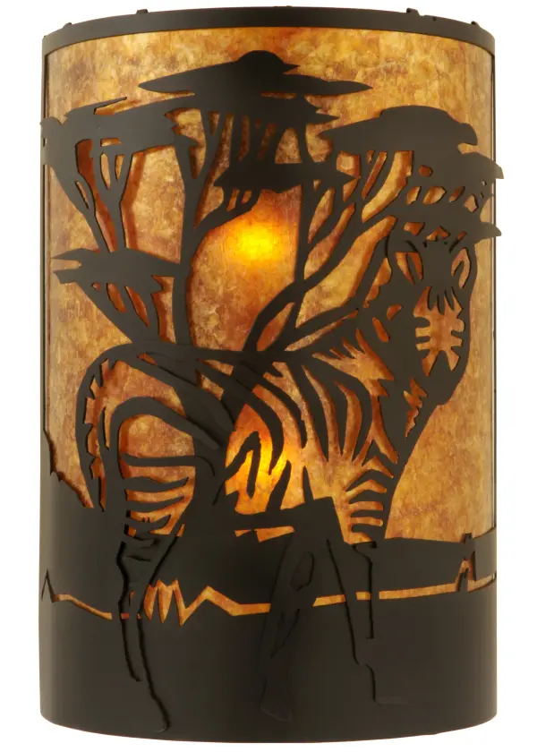 A Zebra with its unique stripes posing on the savanna makes for a dazzling silhouette in this curvaceous wall sconce. A Black finish depicts the dramatic wildlife motif with a glowing Amber Mica background. This right sided wall sconce pairs nicely with Model 130871; a left sided sconce. The Zebra Wall Sconce is Domestically Produced in the USA in our 180;000 sq ft manufacturing facility at our Yorkville; NY manufacturing facility. Customize shade colors; metal finishes and fixture sizes. UL and cUL listed for dry and damp locations.