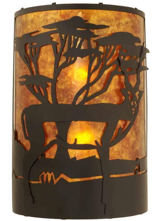 A sleek but powerful Antelope is portrayed on the savanna with an Acacia tree in the background in this dramatic curvaceous wall sconce. More than just a graceful beauty, the Antelope symbolizes intelligence, spirituality and strong character. A Textured Black finish depicts this Wildlife Motif with a glowing Amber Mica shade. The Antelope Wall Sconce is Domestically Produced in the USA in our 180,000 sq ft manufacturing facility at our Yorkville, NY manufacturing facility. Customize shade colors, metal finishes and wall sconce sizes. UL and cUL listed for dry and damp locations. Collection: Antelope Finish: Textured Black Glass: Amber Mica Width: 12.00" Height: 18.00" Length: 9.00" Weight: 5.00 lb Extension from Wall: 9.00" Number of Bulbs: 2 Maximum Wattage: 60.00 W Bulb Type: A19 Bulb Base: E26 Material: Steel Country of Origin: USA Safety Listing: Damp Safety Rating: Damp