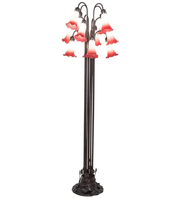 Recreating the popular Tiffany design from the early 1900s... This floor lamp offers an attractive, delicate design featuring 12 stunning shades created using mouth-blown Favrile-style Pink art glass. The Pond Lily shades are embraced by an elegant cast metal floor base with floral and vine accents finished by hand in Mahogany Bronze. The Pond Lily Floor Lamp is featured in our American-designed, handcrafted Favrile Glass Lighting Collection. UL and cUL listed for dry locations. Each shade is a unique work of art with color variations based on natural ingredients inherent in the glass. Contact us if color matching is critical when ordering multiple items. Collection: Pink Finish: Mahogany Bronze Glass: Pink & White Blown Glass Width: 20.00" Height: 63.00" Length: 20.00" Weight: 28.00 lb Number of Bulbs: 12 Maximum Wattage: 15.00 W Bulb Type: C7 Bulb Base: E12 Material: Steel Country of Origin: CHINA Safety Rating: Damp