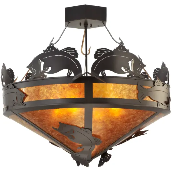 Anglers will delightfully cast their lines for these prized Largemouth Bass; which are leaping out of the lake over this stunning Amber Mica shade. The shade is complemented with Timeless Bronze hand-finished decorative accents and fishhook chains. The fixture is ideal for illuminating dining spaces and entryways in residential and hospitality locations. The Catch of the Day Bass Semi-Flushmount is included in our American-made; American-designed; handcrafted Wildlife Collection and manufactured in Yorkville; New York. UL & cUL listed for dry and damp locations. Upstate New York's adventurous playland; known as the Adirondack Mountains; with its many breathtaking forests; lakes; and rivers; is the spiritual birthplace of Meyda and inspires our rustic-themed mica collections.