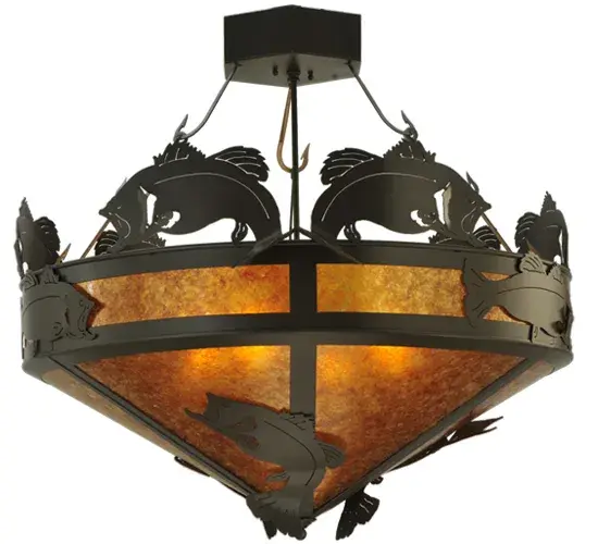 Anglers will delightfully cast their lines for these prized Largemouth Bass; which are leaping out of the lake over this stunning Amber Mica shade. The shade is complemented with Timeless Bronze hand-finished decorative accents and fishhook chains. The fixture is ideal for illuminating dining spaces and entryways in residential and hospitality locations. The Catch of the Day Bass Semi-Flushmount is included in our American-made; American-designed; handcrafted Wildlife Collection and manufactured in Yorkville; New York. UL & cUL listed for dry and damp locations. Upstate New York's adventurous playland; known as the Adirondack Mountains; with its many breathtaking forests; lakes; and rivers; is the spiritual birthplace of Meyda and inspires our rustic-themed mica collections. - alternate view