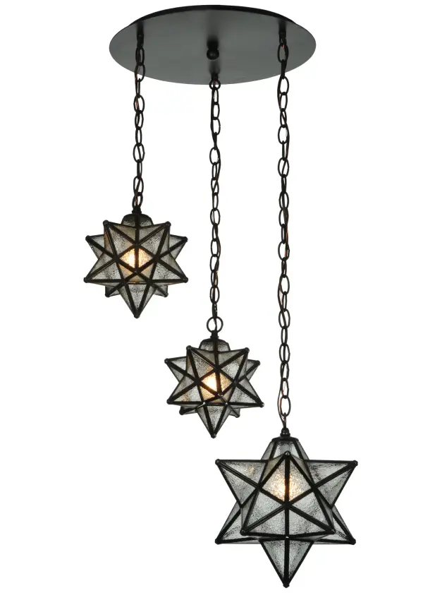 Grace your home with this timeless cascading ceiling pendant. Dating back to Moravia hundreds of years ago; the Star was used to protect your home and bring good luck to your family. Three sparkling Clear Seeded Glass shades are suspended at various heights to create a dramatic design statement for lobbies; entryways and other spaces in residential; hospitality and commercial settings. Each shade is created with Brass Channel Construction and complemented with a Craftsman Brown finish. Overall height ranges from 16 to 76 inches as the chain length can be easily adjusted in the field. Shade colors; metal finishes and sizes can be customized to your lighting needs. UL and cUL listed for dry; damp and wet locations.