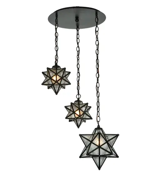 Grace your home with this timeless cascading ceiling pendant. Dating back to Moravia hundreds of years ago; the Star was used to protect your home and bring good luck to your family. Three sparkling Clear Seeded Glass shades are suspended at various heights to create a dramatic design statement for lobbies; entryways and other spaces in residential; hospitality and commercial settings. Each shade is created with Brass Channel Construction and complemented with a Craftsman Brown finish. Overall height ranges from 16 to 76 inches as the chain length can be easily adjusted in the field. Shade colors; metal finishes and sizes can be customized to your lighting needs. UL and cUL listed for dry; damp and wet locations. - alternate view