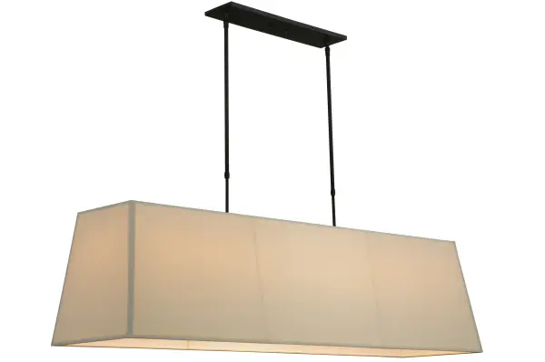 Designed with a rectilinear profile and a classic decorative look; this minimalistic ceiling pendant defines a sophisticated aesthetic. This fixture features a distinctive Cream Linen shade; which is enhanced with Oil Rubbed Bronze finished hardware. This pendant is ideal for illuminating kitchen islands; bars; billiard and dining tables; and counters from Amherst; Massachusetts; to Richmond; Virginia; to St. Paul; Minnesota. The overall height ranges from 43 to 59 inches as the suspension rods can be adjusted in the field. The Panache Oblong Pendant is included in our American-made; American-designed; handcrafted Contemporary Collection. UL and cUL listed for dry and damp locations; however; we do not recommend installing it in spaces that experience a large amount of moisture due to the fabric shade.