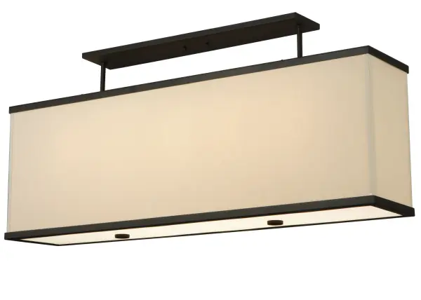 A sleek architectural structure; this pendant is designed with a luxurious Beige colored Textrene shade trimmed in a Oil Rubbed Bronze finished steel border; which matches the hardware. The oblong fixture; enhanced with a White Idalight bottom diffuser; is ideal for illuminating a billiard table; island; counter; bar or other spaces. Custom sizes; styles and finishes are available; as well as dimmable energy efficient lamping options. Quadrato is UL and cUL listed for damp and dry locations.