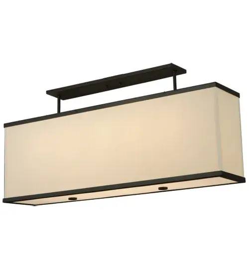 A sleek architectural structure; this pendant is designed with a luxurious Beige colored Textrene shade trimmed in a Oil Rubbed Bronze finished steel border; which matches the hardware. The oblong fixture; enhanced with a White Idalight bottom diffuser; is ideal for illuminating a billiard table; island; counter; bar or other spaces. Custom sizes; styles and finishes are available; as well as dimmable energy efficient lamping options. Quadrato is UL and cUL listed for damp and dry locations. - alternate view