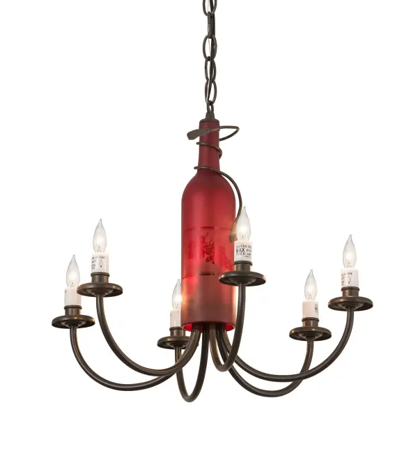 Capture the mood or life of any party with authentic wine bottle lighting. This chandelier does so much more than deliver light. It adds personality and pizazz to any interior. A hand forged Black vine and leaf coil is designed around the neck of this Red wine bottle; which illuminates and features an etched Grape design. Six faux candlelights are perched on bobeches to provide additional ambient light. The fixture is enhanced with a Timeless Bronze finish. Overall height ranges from 19 to 55 inches as stem length can be adjusted in the field. Handcrafted in our 180;000 square manufacturing facility in Yorkville; New York. Wine bottle colors; metal finishes and sizes can be customized. UL and cUL listed for dry and damp locations.