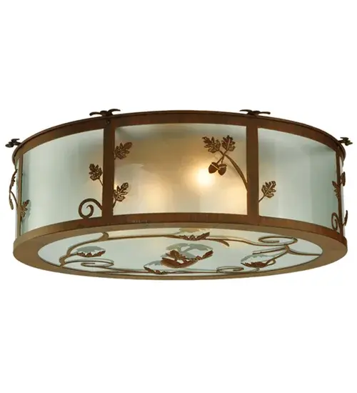 A distinctive charm is revealed with this elegant; nature inspired design. Rust finished Oak Leaves and Acorns adorn a Frosted Seeded Glass curvaceous shade with a matching bottom diffuser. A stunning design; the Oak symbolizes strength; endurance; eternity; honor; hospitality and virtue. The Oak Leaf & Acorn Flushmount is Domestically manufactured in our 180;000 square foot facility in Yorkville; New York. Customize shade colors; metal finishes and fixture sizes to suit your taste. UL and cUL listed for dry and damp locations.