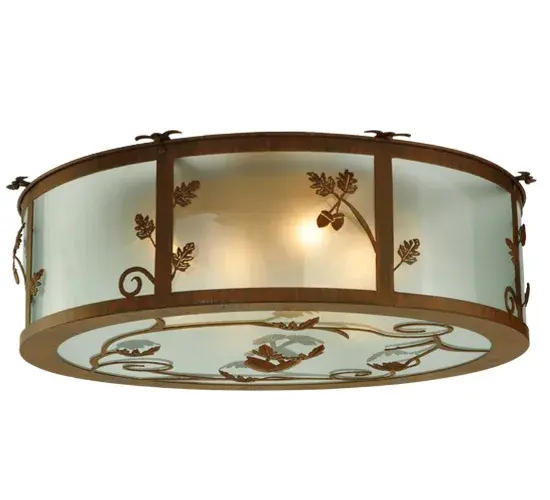 A distinctive charm is revealed with this elegant; nature inspired design. Rust finished Oak Leaves and Acorns adorn a Frosted Seeded Glass curvaceous shade with a matching bottom diffuser. A stunning design; the Oak symbolizes strength; endurance; eternity; honor; hospitality and virtue. The Oak Leaf & Acorn Flushmount is Domestically manufactured in our 180;000 square foot facility in Yorkville; New York. Customize shade colors; metal finishes and fixture sizes to suit your taste. UL and cUL listed for dry and damp locations. - alternate view