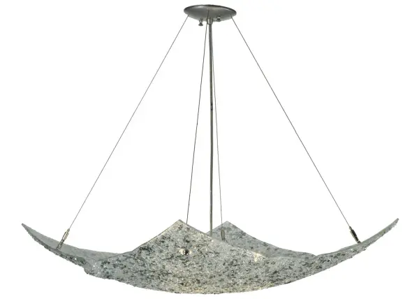 Every Meyda Tiffany item is a unique handcrafted work of art. Natural variations in the wide array of materials that we use to create each Meyda product make every item a masterpiece of its own. Photographs are a general representation of the product. Colors and designs will vary. Collection: Moonscape Finish: Nickel Glass: Clear/ Gray Frit Width: 26.00" Height: 16.00" Length: 26.00" Weight: 26.00 lb Number of Bulbs: 4 Maximum Wattage: 100.00 W Bulb Type: F15 Bulb Base: E26 Material: Steel Country of Origin: USA Safety Listing: Dry Safety Rating: Dry