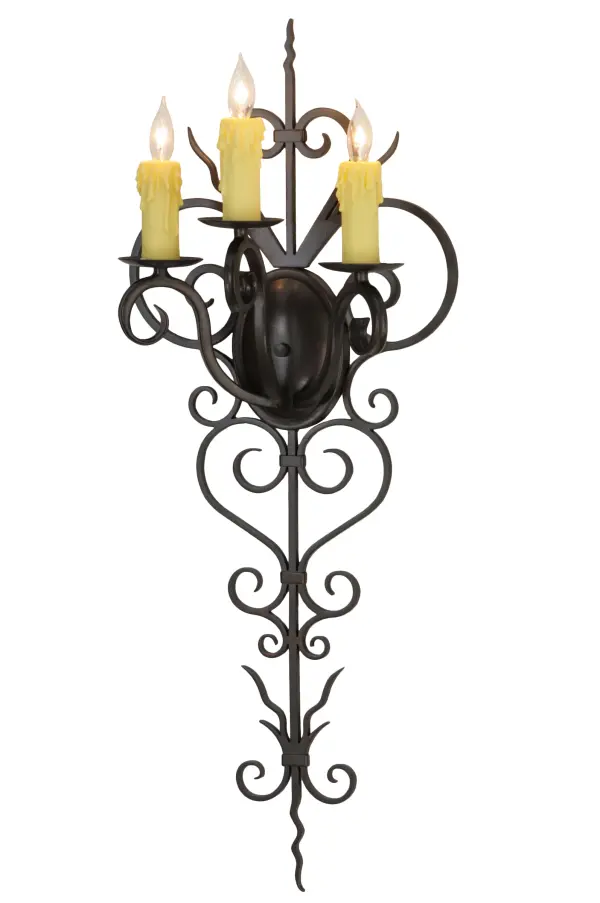 Rich charm and elegance come to light with Kenna. This exquisite sconce is designed as a dramatic illuminating accent for a wall in any room in residential; hospitality and commercial environments. This enchanting fixture features three Ivory faux candlelights perched on bobeches. Exquisite Hand-Forged Iron Scrollwork is featured in a Gilded Tobacco finish. Handcrafted by highly skilled artisans in our 180;000 square foot manufacturing facility in Yorkville; New York. Candlelight colors; metal finishes and fixture sizes can be customized to your needs. UL and cUL listed for dry and damp locations.