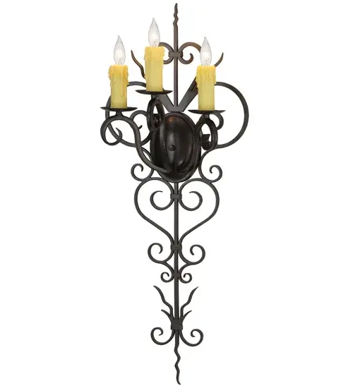 Rich charm and elegance come to light with Kenna. This exquisite sconce is designed as a dramatic illuminating accent for a wall in any room in residential; hospitality and commercial environments. This enchanting fixture features three Ivory faux candlelights perched on bobeches. Exquisite Hand-Forged Iron Scrollwork is featured in a Gilded Tobacco finish. Handcrafted by highly skilled artisans in our 180;000 square foot manufacturing facility in Yorkville; New York. Candlelight colors; metal finishes and fixture sizes can be customized to your needs. UL and cUL listed for dry and damp locations. - alternate view