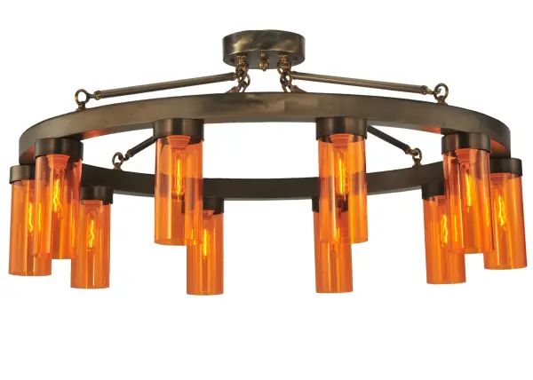 Blending an elegant style with a classic, distinguished look... The Clark ceiling fixture is custom-crafted with 12 Amber Idalight Cylindres and complemented with an Antique Copper finish. Each decorative element reveals an Edison-style lamp for beautiful ambient illumination. This breathtaking ceiling fixture is ideal for illuminating dining areas, entryways, and other residential, hospitality, and commercial spaces throughout the U.S., including Arlington, Virginia, Omaha, Nebraska, and Sacramento, California. The Clark 10 Light Semi-Flushmount is featured in our American-made, American-designed, handcrafted Modern Lighting Collection. This fixture is manufactured in Yorkville, New York. UL and cUL listed for dry and damp locations. This fixture is featured at the Crowne Plaza Hotel in Clark, New Jersey. Collection: Clark Finish: Antique Copper Glass: Coral Idalight Width: 48.00" Height: 24.00" Length: 48.00" Weight: 56.00 lb Number of Bulbs: 10 Maximum Wattage: 15.00 W Bulb Type: T10 Bulb Base: E26 Material: Steel Country of Origin: USA Safety Listing: Damp Safety Rating: Damp