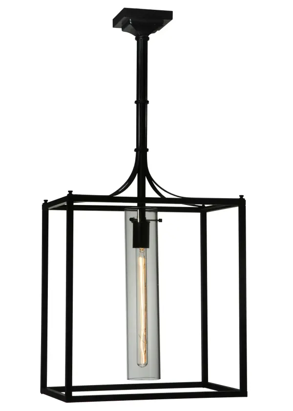 A sophisticated architecturally styled fixture is designed with a pizazz that is unique; fresh and stylish. Give your decor an extra edge with this breathtaking fixture; which is highlighted with a solid metal structure that surrounds a cylindrical shaped Clear Glass Lens encasing a Customer supplied Medium base T8 Fluorescent Lamp. The hardware and frame are featured in a handsome Oil Rubbed Bronze finish. Handcrafted in the USA; Kitzi is available in custom sizes; styles and finishes; as well as dimmable energy efficient lamping options. The 16-inch square pendant is UL and CUL listed for damp and dry locations.