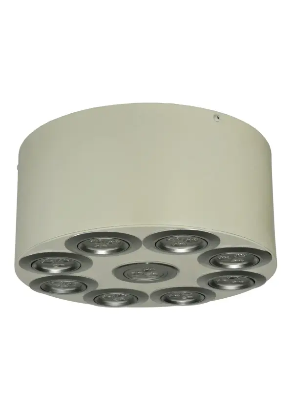 Inspired by a futuristic spacecraft, the modern Discovery ceiling fixture features a Swiss Coffee finished body that reveals nine sets of Customer supplied Dimmable LED PAR16 9-watt LED lamps. Custom sizes, styles and finishes, as well as dimmable energy efficient lamping options such as LED, are available. Made in the USA, this 12-inch wide fixture is UL and cUL listed for damp and dry locations. Collection: Discovery Finish: Pewter Glass: White Width: 12.00" Height: 6.00" Length: 12.00" Weight: 13.50 lb Number of Bulbs: 9 Maximum Wattage: 9.00 W Bulb Type: PAR16 Bulb Base: E26 Material: Steel Country of Origin: USA Safety Listing: Damp Safety Rating: Damp