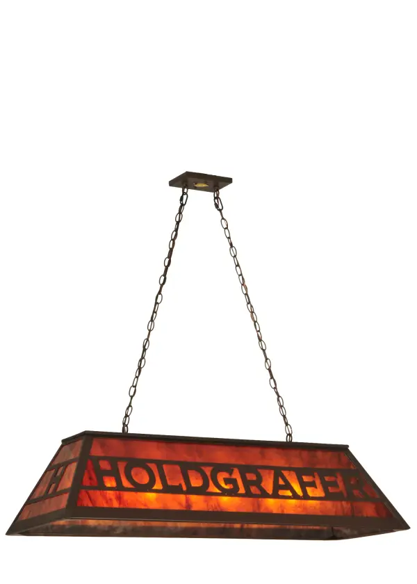 This beautiful oblong pendant features a shade with the HOLDGRAFER name finished in Cafe Noir on a Maduro Idalight background. The overall height ranges from 18 to 44.5 inches; as the suspension chain can be easily adjusted in the field to meet your lighting requirements. The oblong pendant is ideal for illuminating billiard tables; bars; islands; counters; and dining tables in residential and hospitality locations. The Personalized Holdgrafer Oblong Pendant is included in our American-made; American-designed; handcrafted Personalized Lighting Collection and manufactured in Yorkville; New York. UL and cUL listed for dry and damp locations. This specific pendant can be ordered; and we will coordinate the custom logo with you to suit your project. Please call for the price and lead time.