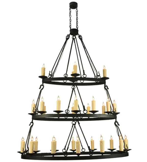 Traditional charm is updated with an elegant stylish look from the Kenosha Chandelier. The classically tailored rings are finished with Copper Metallic Highlights on Solar Black. The chandelier is designed with 28 Ivory faux candlelights for beautiful ambient illumination. The overall height of this chandelier ranges from 71.5 to 142.5 inches as the chain length can be easily adjusted in the field to accommodate your specific lighting application needs. Handcrafted by master artisans in our 180;000 square foot manufacturing facility in Yorkville; New York. Candlelight colors; metal finishes and sizes can be customized to meet your needs. UL and cUL listed for dry and damp locations.