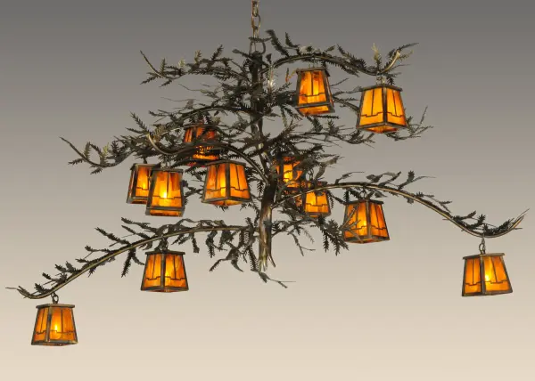Invite the natural charm of the American woodlands into your camp; lodge; home or business with this rustic chandelier. 12 Honey art glass lanterns offered in a stunning Arts & Crafts design adorn Pine Branch shaped arms which are accented with pine needles. This stunning elaborate chandelier is enhanced with a Burnished Antique Copper finish. Overall height ranges from 36 to 178 inches as the chain can easily be adjusted in the field. The Pine Branch Valley View Chandelier is Domestically Produced in the USA at our Yorkville; NY manufacturing facility. Customize lantern colors; metal finishes and fixture sizes. UL and cUL listed for dry and damp locations.