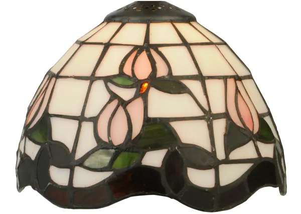 Grace your home with this elegant art glass shade. The shade highlights a gridwork of White art glass, adorned with a Mauve Waterglass border of swirling ribbons and perfect Pink rosebuds accented with Green leaves. The stained glass shade is created with the famous Meyda Tiffany copperfoil construction process and can be paired with a base to create a mini lamp or matched with hardware to build a mini pendant. This lighting design is inspired by famous rose gardens in the New York Botanical Garden in Bronx Park, New York City, to the White House in Washington, D.C. It can be used for placement in residential and hospitality spaces to create a beautiful design statement. The Roseborder Shade is featured in our American-designed, handcrafted Stained Glass Lighting Collection. Each shade is a unique work of art with color variations based on natural ingredients inherent in the glass. Collection: Roseborder Finish: Timeless Bronze Glass: White/Pink Flemish/Root Beer Width: 7.00" Height: 5.00" Length: 7.00" Weight: 1.00 lb Number of Bulbs: 4 Maximum Wattage: 25.00 W Bulb Type: E26 Bulb Base: E26 Material: Steel Country of Origin: CHINA Safety Listing: Dry Safety Rating: Dry