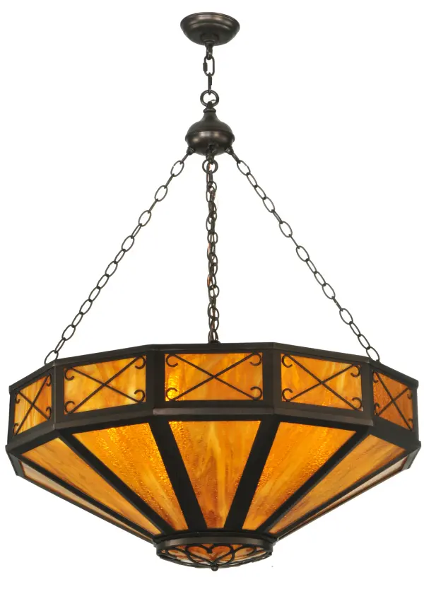 An excellent choice. This striking pendant features stunning Saltire stylized accents on a Honey art glass shade. The shade is complemented with a frame and hardware hand finished in a Mahogany Bronze hue. The curvaceous ceiling fixture is handmade by highly skilled artisans in our 180;000 square foot manufacturing facility in Yorkville; New York. Various finishes; styles and sizes are available. UL and cUL listed for dry and damp locations.