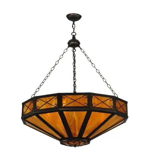An excellent choice. This striking pendant features stunning Saltire stylized accents on a Honey art glass shade. The shade is complemented with a frame and hardware hand finished in a Mahogany Bronze hue. The curvaceous ceiling fixture is handmade by highly skilled artisans in our 180;000 square foot manufacturing facility in Yorkville; New York. Various finishes; styles and sizes are available. UL and cUL listed for dry and damp locations. - alternate view