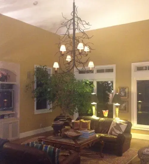 Like a wise old tree asleep in the cold winter woods; the Winter Solstice chandelier is an abstract expression of light that is perfectly poetic. Intricacies abound with long Hand Wrought Iron finished branches hibernating until the light from Creamy colored Natural Linen shades on bobeches provides a warm embrace. Custom crafted by Meyda artisans at the foothills of New York's Adirondacks; the fixture is a unique Nature-inspired lighting design. Custom options available. UL and cUL listed for damp and dry locations. - alternate view