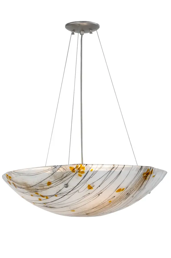 Italian for small branches or twigs. The Ramoscelli pendant features an abstract expressionist lighting design. Inspired by bare trees against a Winter White sky; this inverted shade highlights our innovative Fused Glass. White iridescent glass is fused with Black Twig-like streamers with Bronze Frit and Amber accents sprinkled across the shade. The pendant is complemented with a Brushed Nickel powder coat finish. The overall height ranges from 9 to 80.5 inches as the aircraft cable length can be easily adjusted in the field to accommodate your specific lighting application needs Traditional workmanship; high fire kilns and original tools are used to fuse glass in our 180;000 square foot manufacturing facility in Yorkville; New York. Diffuser colors; metal finishes and fixture sizes can be customized to your needs. UL and cUL listed for dry and damp locations.
