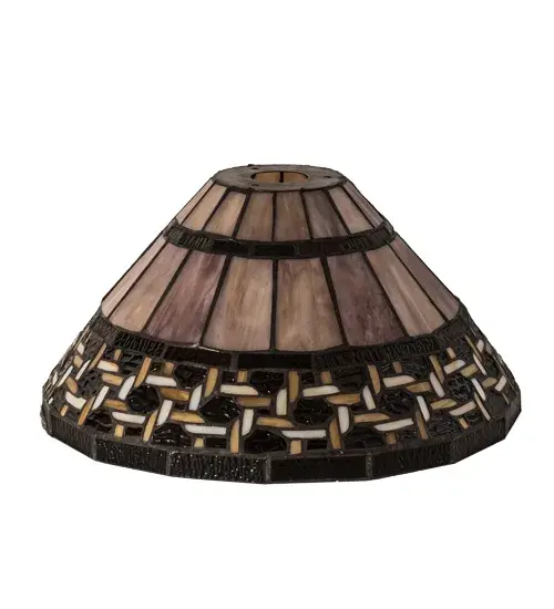Named for the Greek word for light; Ilona will stir conversations among family and friends with a dramatic Honey and Beige colored knotwork design on Wispy Blue/Green Rippled glass. The background includes Beige; Mauve and Purple art glass while Root Beer colored glass borders enhance the beauty of this exquisite art glass shade; which is created using the famous Meyda Tiffany copperfoil construction technique. Pair with a base to create a table or floor lamp; or build a wall or ceiling fixture with appropriate hardware. The Ilona Shade is included in our American designed; handcrafted Stained Glass Lighting Collection. Each shade is a unique work of art with color variations based on natural ingredients inherent in the glass. - alternate view