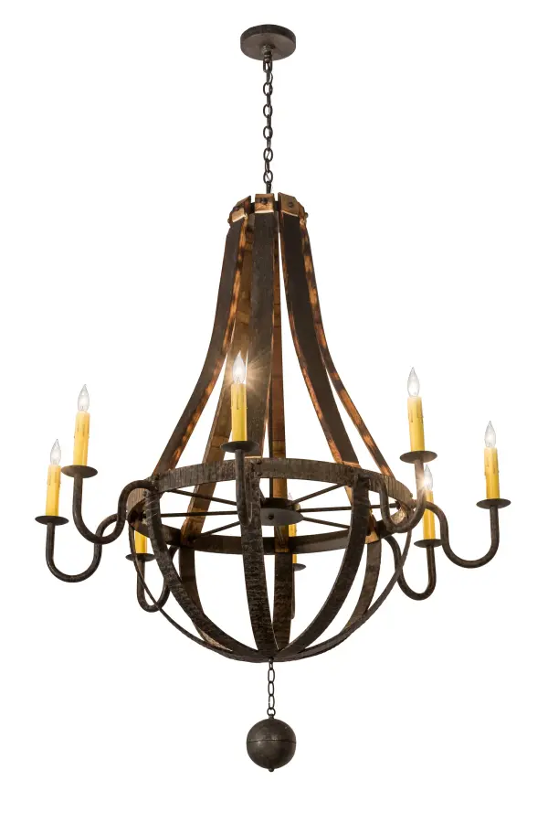 Rugged rustic charm greets Gothic character. This lighting design was inspired by Antique Wooden staves traditionally bound by wooden hoops in the construction of beer/ whiskey barrels and wine casks. Coffee Bean finished solid-stout curved arms support eight bobeches accented with Ivory faux candles on its perimeter and an orb finial below. The overall height of this chandelier ranges from 64 to 112 inches as the chain length can be easily adjusted in the field to accommodate your specific lighting application needs. Handcrafted in our 180;000 square foot manufacturing facility in Yorkville; New York. Candlelight colors; metal finishes and fixture sizes can be customized to your needs. UL and cUL listed for dry and damp locations.