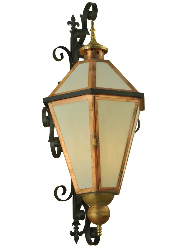 Grand stature and exquisite metalwork are combined to create a sophisticated, luxurious look for Millesime. This high-styled wall fixture features White Glass with a Satin finish, which is enhanced with a Brass and Copper lantern and complemented with a scrolled backplate. This sconce is ideal to complement a variety of architectural styles for today's fine exteriors and interiors, including hallways, foyers, entryways and other spaces in residential, hospitality and other commercial settings. Custom crafted in the USA, this fixture is offered in custom sizes, finishes, styles and energy efficient lamping options. The 43-inch tall sconce is UL and cUL listed for dry, damp and wet locations. Collection: Millesime Finish: Copper/Timeless Bronze Glass: Frosted White Art Glass Width: 20.00" Height: 43.00" Length: 19.00" Weight: 36.00 lb Extension from Wall: 19.00" Number of Bulbs: 1 Maximum Wattage: 60.00 W Bulb Type: A23 Bulb Base: E26 Material: Steel Country of Origin: USA Safety Listing: Wet Safety Rating: Wet