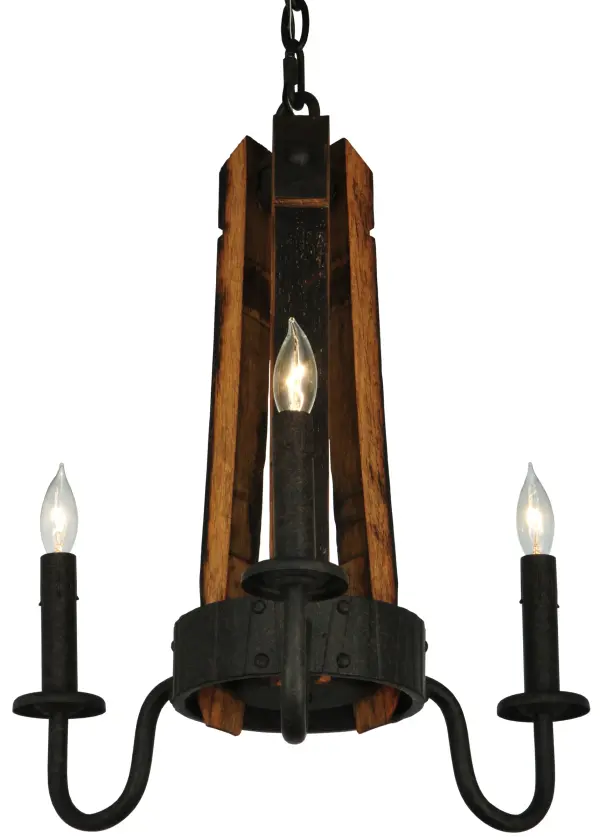 Rugged rustic charm greets gothic styling. This handsome lighting design was inspired by Antique Wooden staves traditionally bound by wooden hoops in the construction of beer/whiskey barrels and wine casks. Reclaimed Wood with Coffee Bean finished solid-stout curved arms support 3 bobeches accented with complementary faux candles on its perimeter and an orb finial below. Overall height of this chandelier ranges from 25 to 58 inches as the chain length can be easily adjusted in the field. Handcrafted in our 180;000 square foot manufacturing facility in Yorkville; NY. Candlelight colors; metal finishes and fixture sizes can be customized to your needs. UL and cUL listed for dry and damp locations.