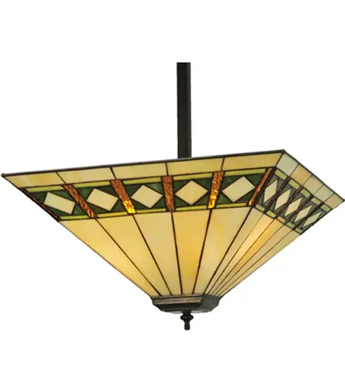 Simple clean lines and geometric shapes are the hallmark of the Mission style. This sleek Bisque Beige stained glass shade features a simple; elegant diamond pattern in Beige accented with Amber; Jade and Peridot borders. The inverted shade is created with the famous Meyda Tiffany copperfoil construction technique and complemented with a Mahogany Bronze finish. The Diamond Band Mission Shade is included in our American designed; handcrafted Mission Lighting Collection. UL and cUL listed for dry and damp locations. Each shade is a unique work of art with color variations based on natural ingredients inherent in the glass. Contact us if color matching is critical when ordering multiple items. - alternate view