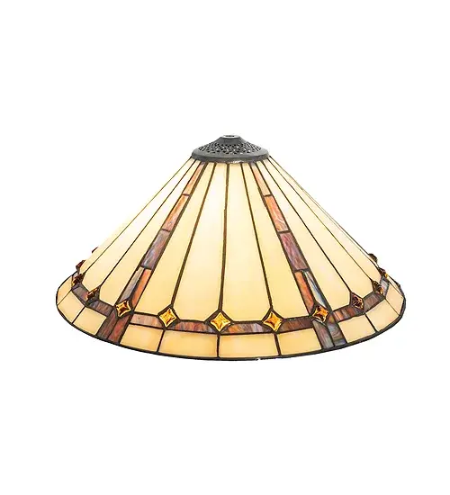 Exquisite Purple and Sunburst colored trim with Amber jewels adorns Beige Iridescent glass on this conical lamp shade. The art glass shade is created using the famous Meyda Tiffany copperfoil construction process and pairs well with table and floor bases or hardware to create ceiling and wall fixtures. The Belvidere Shade is included in our American-designed; handcrafted Stained Glass Lighting Collection. Each shade is a unique work of art with color variations based on natural ingredients inherent in the glass. Please contact us if color matching is critical when ordering multiple items. - alternate view