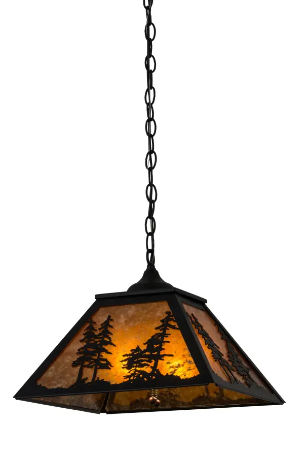 This stunning pendant features mesmerizing Pine Tree silhouettes that stand tall as the brilliant morning sun rises above a brilliant mountain lake in the background. Beautiful ambient light is projected through an Amber Mica diffuser which is complemented with decorative accents and hardware featured in a Textured Black finish. Ideal for illuminating living rooms, dining areas, and other spaces in residential, hospitality, and commercial settings. The Tall Pines Pendant is included in our American-made, American-designed, handcrafted Nature Inspired Lighting Collection. Manufactured in Yorkville, New York. UL and cUL listed for dry and damp locations. Collection: Tall Pines Finish: Textured Black Glass: Amber Mica Width: 22.25" Height: 14.50" Length: 15.75" Weight: 8.00 lb Number of Bulbs: 2 Maximum Wattage: 60.00 W Bulb Type: A19 Bulb Base: E26 Material: Steel Country of Origin: USA Safety Listing: Damp Safety Rating: Damp