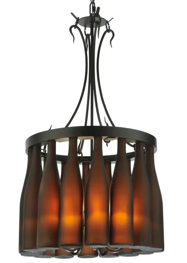 Capture the life of the party with the whimsical design of the Meyda Wine Bottle chandelier. It's so much fun that you may want to hang from it; but don't! Liven up a restaurant; club; or home with a light fixture that does so much more than deliver light; it adds personality and pizzazz. Sixteen Amber Glass wine bottles are embraced by a sturdy frame finished in a Textured Black. The fixture is perfect for stairways; entryways; and other spaces in homes; restaurants; hotels; pubs; nightclubs; and wineries. This Tuscan Vineyard Villa Wine Bottle Chandelier is included in our American-made; American-designed; handcrafted Wine Bottle Lighting Collection. The fixture is manufactured in Yorkville; New York. UL and cUL listed for dry and damp locations. Take your finest bottle of wine; and Meyda will transform it into an everlasting personalized fixture of light. Contact us for more information on custom wine bottle lighting fixtures and lamps. You can also create custom lighting with beer bottles; mason jars; milk bottles; and other glass containers and vessels by contacting us!