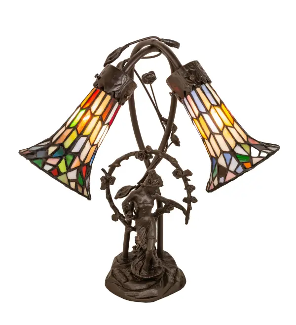 Inspired by Tiffany's famous Pond Lily design from the early 1900s... This table lamp features two stunning multicolored stained glass shades created using the famous Meyda Tiffany copperfoil construction process. The two Pond Lily shades are embraced by an elegant Cast Bronze Base featuring a girl under a trellis and finished in a rich Mahogany patina. The Pond Lily Table Lamp is featured in our American designed; handcrafted Stained Glass Lighting Collection. UL and cUL listed for dry locations. Each shade is a unique work of art with color variations based on natural ingredients inherent in the glass. Contact us if color matching is critical when ordering multiple items.