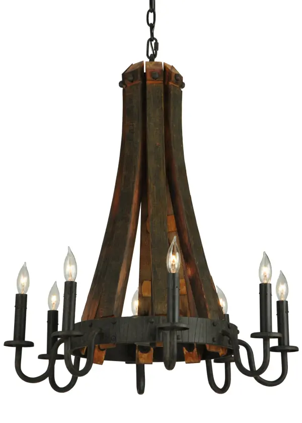 Rugged rustic charm greets Gothic styling. This handsome lighting design was inspired by Antique Wooden staves traditionally bound by wooden hoops in the construction of beer/ whiskey barrels and wine casks. Coffee Bean finished solid-stout curved arms support 8 bobeches accented with complementary faux candles on its perimeter. The overall height of this chandelier ranges from 32 to 67 inches as the chain length can be easily adjusted in the field to accommodate your specific lighting application needs. Handcrafted by skilled artisans in our 180;000 square foot manufacturing facility in Yorkville; New York. Candlelight colors; metal finishes and fixture sizes can be customized to your needs. UL and cUL listed for dry and damp locations.
