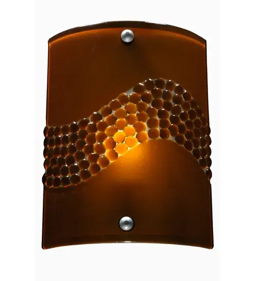 Hot high-fired glass is transformed into a cool abstract lighting design; blending waves of Amber Pebbled Glass Jewels on an Amber Art Glass background. Striking fused glass defines this extraordinary sconce; which features glass droplets on a solid curved panel. The wall sconce is ideal for illuminating a wide range of rooms in homes; resorts; hotels; and restaurants. The Metro Fusion Amber Pietre Wall Sconce is featured in our American-made; American-designed; handcrafted Modern Lighting Collection; which is manufactured in Yorkville; New York. UL and cUL listed for dry and damp locations. Each shade is a unique work of art with color variations based on natural ingredients inherent in the glass. The Quality Bent Glass division of Meyda Tiffany Lighting is over 100 years in the making. Today; we are still creating timeless masterpieces using tools and methods from the days when we supplied Tiffany Studios. Fused glass colors and metal finishes are customizable; as each fixture is handcrafted to order. - alternate view