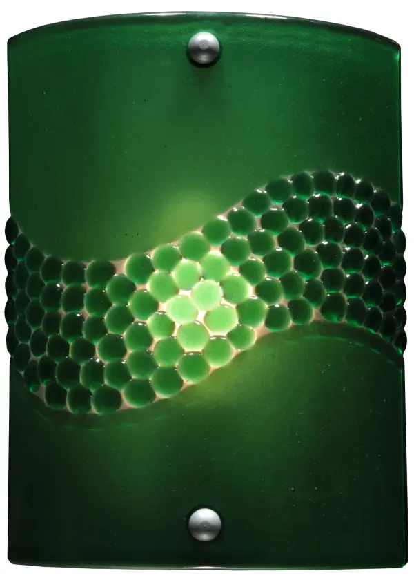 Hot high-fired glass is transformed into a cool abstract lighting design; blending waves of Pebbled Glass Jewels on a Green Art Glass background. Striking fused glass defines this extraordinary sconce; which features glass droplets on a solid curved panel. The wall sconce is ideal for illuminating many rooms in homes; resorts; hotels; and restaurants. The Metro Fusion Green Pietre Wall Sconce is featured in our American-made; American-designed; handcrafted Modern Lighting Collection; which is manufactured in Yorkville; New York. UL and cUL listed for dry and damp locations. Each shade is a unique work of art with color variations based on natural ingredients inherent in the glass. The Quality Bent Glass division of Meyda Tiffany Lighting is over 100 years in the making. Today; we are still creating timeless masterpieces using tools and methods from the days when we supplied Tiffany Studios. Fused glass colors and metal finishes are customizable; as each fixture is handcrafted to order.