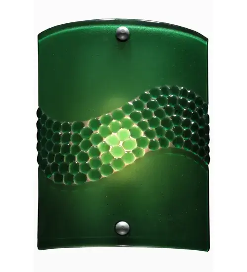 Hot high-fired glass is transformed into a cool abstract lighting design; blending waves of Pebbled Glass Jewels on a Green Art Glass background. Striking fused glass defines this extraordinary sconce; which features glass droplets on a solid curved panel. The wall sconce is ideal for illuminating many rooms in homes; resorts; hotels; and restaurants. The Metro Fusion Green Pietre Wall Sconce is featured in our American-made; American-designed; handcrafted Modern Lighting Collection; which is manufactured in Yorkville; New York. UL and cUL listed for dry and damp locations. Each shade is a unique work of art with color variations based on natural ingredients inherent in the glass. The Quality Bent Glass division of Meyda Tiffany Lighting is over 100 years in the making. Today; we are still creating timeless masterpieces using tools and methods from the days when we supplied Tiffany Studios. Fused glass colors and metal finishes are customizable; as each fixture is handcrafted to order. - alternate view
