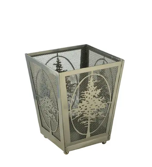 A majestic Tamarack tree is highlighted in this unique wastebasket design. The metal accents; frame; and hardware with mesh side panels are featured in an Extreme Chrome finish. Custom crafted by highly skilled artisans; this Craftsman styled home accessory stands 16.5 inches tall and is created in our manufacturing facility at the foothills of the spectacular Adirondack Mountains in Upstate NY. Custom styles; sizes; and colors are available. - alternate view