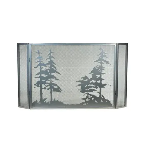 A Love for the Outdoors is the inspiration for this handsome Meyda Original Fireplace Screen. This stunning fireplace screen highlights mesmerizing Pine Tree and woodland metal silhouettes that stand tall on the frame; handcrafted with?a Weave-Tex mesh background finished in Extreme Chrome. The Tall Pines Fireplace Screen is included in our American-made; American-designed; handcrafted Nature Inspired Collection. Manufactured in Yorkville; New York. - alternate view