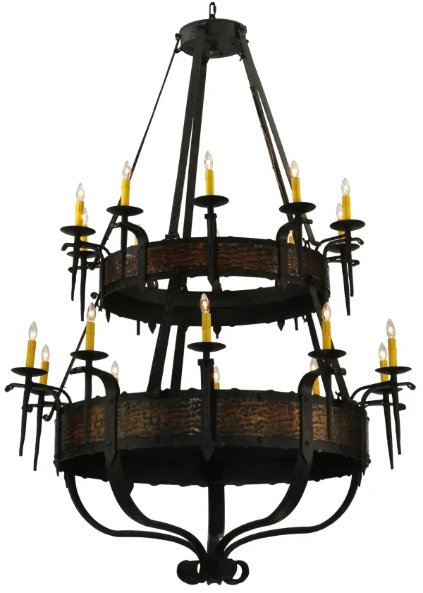 Hand hammered Metal Banded belts embellish two Blackened Copper finished tiers of this breathtaking chandelier. The fixture is enhanced with a Coffee Bean finish. 20 Ivory faux candlelights embraced by delicate bobeches are attached to gracefully curved arms and provide beautiful ambient lighting. Ideal for illuminating lobbies, ballrooms and large spaces in homes, hotels, retailers and other commercial locations. Overall height ranges from 72 to 190 inches as the chain length can be easily adjusted in the field to accommodate your specific lighting application needs. Handcrafted in our 180,000 square foot manufacturing facility in Yorkville, NY. Fixture designs, metal finishes and chandelier sizes can be customized to meet your needs. UL and cUL listed for damp and dry locations. Collection: Costello Finish: Coffee Bean & Blackend Copper Glass: Chocolate Width: 48.00" Height: 72.00" Length: 48.00" Weight: 220.00 lb Number of Bulbs: 20 Maximum Wattage: 60.00 W Bulb Type: B10 Bulb Base: E12 Material: Steel Country of Origin: USA Safety Listing: Damp Safety Rating: Damp