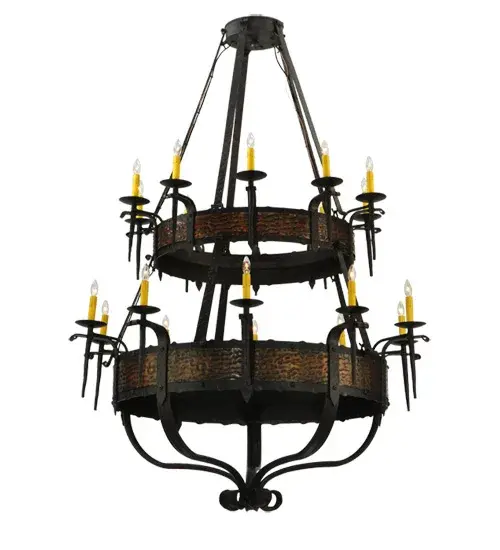 Hand hammered Metal Banded belts embellish two Blackened Copper finished tiers of this breathtaking chandelier. The fixture is enhanced with a Coffee Bean finish. 20 Ivory faux candlelights embraced by delicate bobeches are attached to gracefully curved arms and provide beautiful ambient lighting. Ideal for illuminating lobbies, ballrooms and large spaces in homes, hotels, retailers and other commercial locations. Overall height ranges from 72 to 190 inches as the chain length can be easily adjusted in the field to accommodate your specific lighting application needs. Handcrafted in our 180,000 square foot manufacturing facility in Yorkville, NY. Fixture designs, metal finishes and chandelier sizes can be customized to meet your needs. UL and cUL listed for damp and dry locations. Collection: Costello Finish: Coffee Bean & Blackend Copper Glass: Chocolate Width: 48.00" Height: 72.00" Length: 48.00" Weight: 220.00 lb Number of Bulbs: 20 Maximum Wattage: 60.00 W Bulb Type: B10 Bulb Base: E12 Material: Steel Country of Origin: USA Safety Listing: Damp Safety Rating: Damp - alternate view