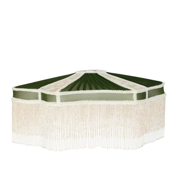 Hunter Green; Ivory and Pink floral damask-styled fabrics are accented with a Warm Ivory Trim; which is edged in long Clear and White Glass beaded trim. This Victorian-inspired; intricately detailed shade can be paired with a base to create a table or floor lamp; and matched with hardware to build a ceiling fixture. It can be used as an illuminating accent or centerpiece in a living room; dining space; or bedroom. The shade is inspired by beautiful fabrics and fashion from New York; to Chicago; Illinois; and Los Angeles; California. The Fabric & Fringe Roses Accent Lamp is featured in our American-designed; handcrafted Fabric & Fringe Collection.