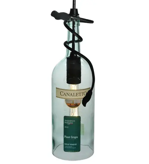 Connoisseurs will appreciate the detail and flavor of this customer-supplied Wine Bottle Mini Pendant featuring their preferred wine brand. Black vine-like metal accents adorn this Green Glass wine bottle. Liven up a restaurant; club; or home with a light fixture that does so much more than deliver light; it adds personality and pizzazz. The overall height ranges from 18 to 72 inches; as the Black stem can be adjusted on location to meet your exact lighting requirements. This Canaletto Wine Bottle Mini Pendant is included in our American-made; American-designed; handcrafted Wine Bottle Lighting Collection. The fixture is manufactured in Yorkville; New York. UL and cUL listed for dry and damp locations. Please provide us with your finest bottle of wine; and we will transform it into an everlasting lighting pendant. Contact us for more information on custom wine bottle lighting fixtures and lamps. You can also create custom lighting with beer bottles; mason jars; milk bottles; and other glass containers and vessels by contacting us! - alternate view